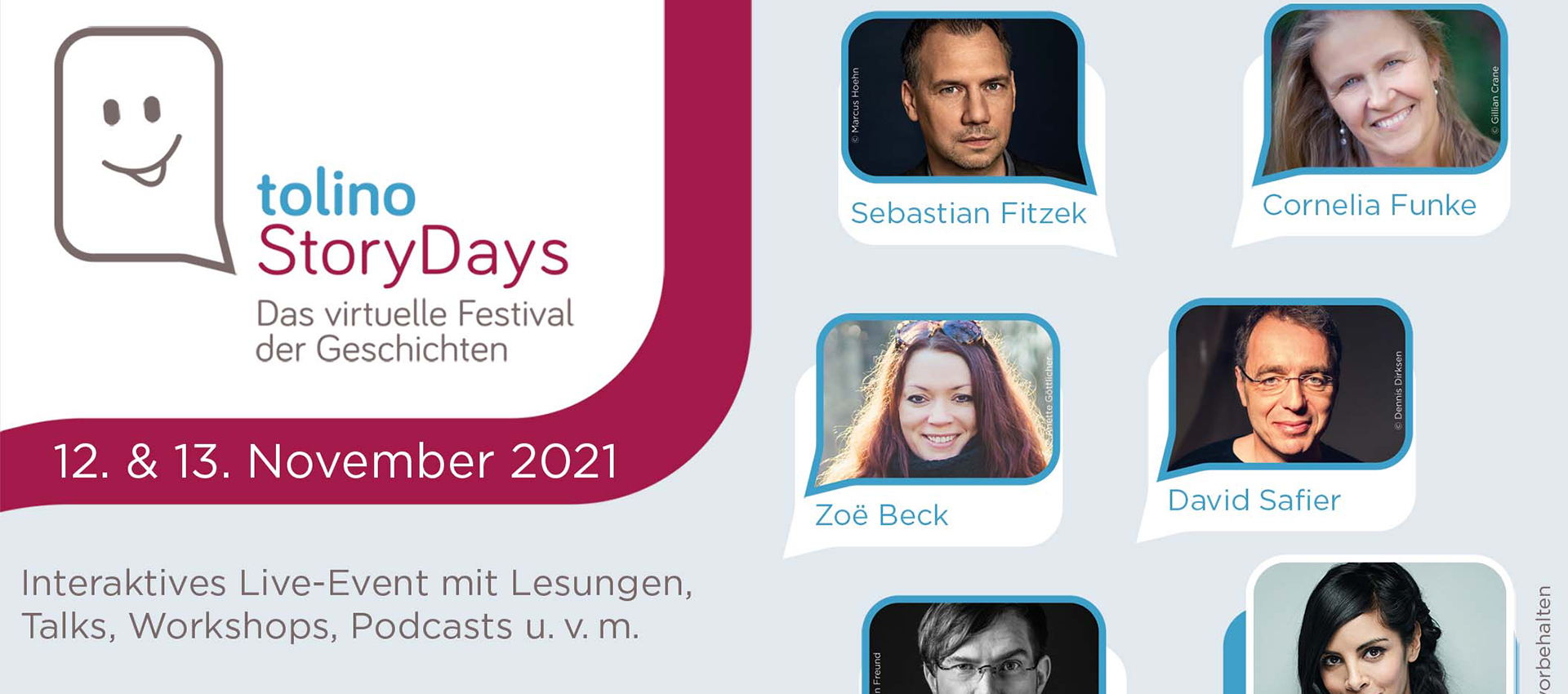 Logo der tolino StoryDays mit einer Auswahl der teilnehmenden Autor*innen